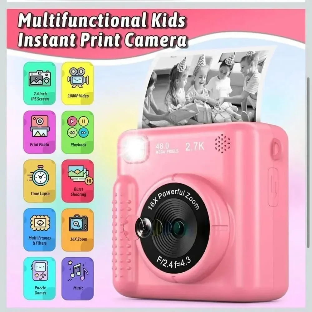 Kids Pink Camera Instant Print, Christmas Birthday Gifts for Girls Boys Age 3-12